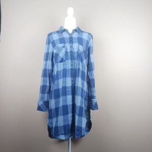 FREE PEOPLE| Two Tone Blue Plaid Button Down Light Weight Shirt Dress Sz Medium